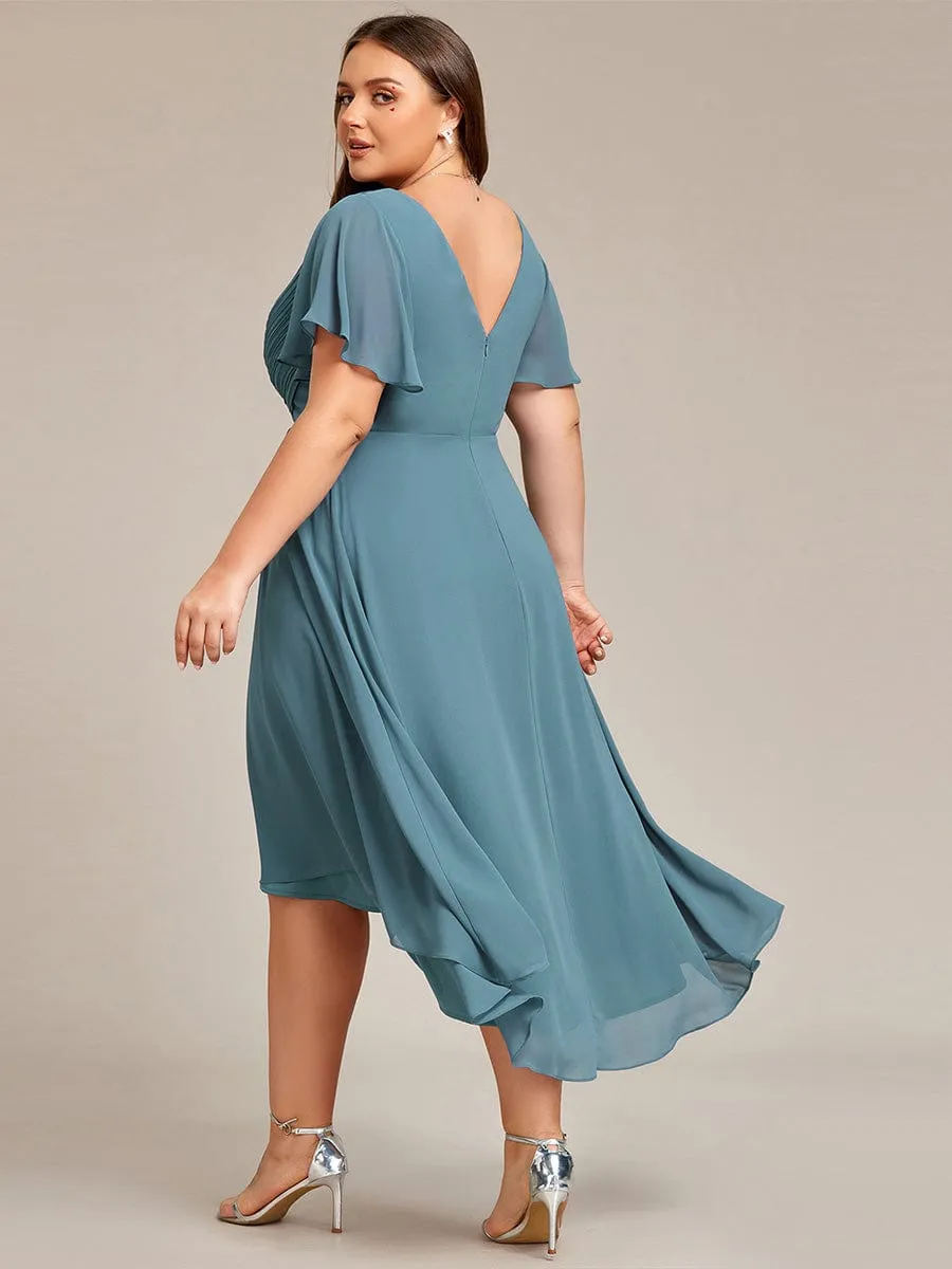 Chic V Neck Asymmetrical Hem Ruffles Sleeve Pleated Chiffon Wedding Guest Dress