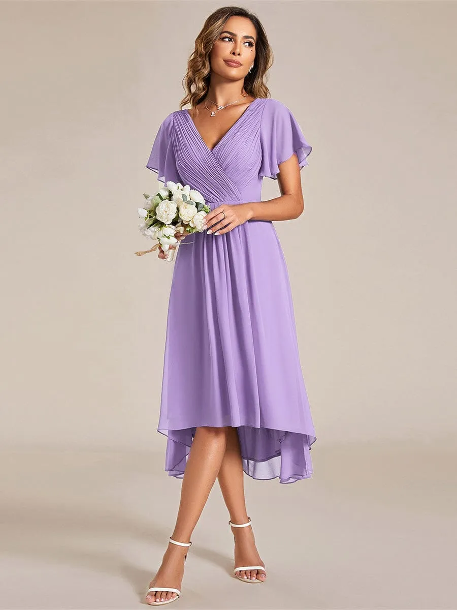 Chic V Neck Asymmetrical Hem Ruffles Sleeve Pleated Chiffon Wedding Guest Dress