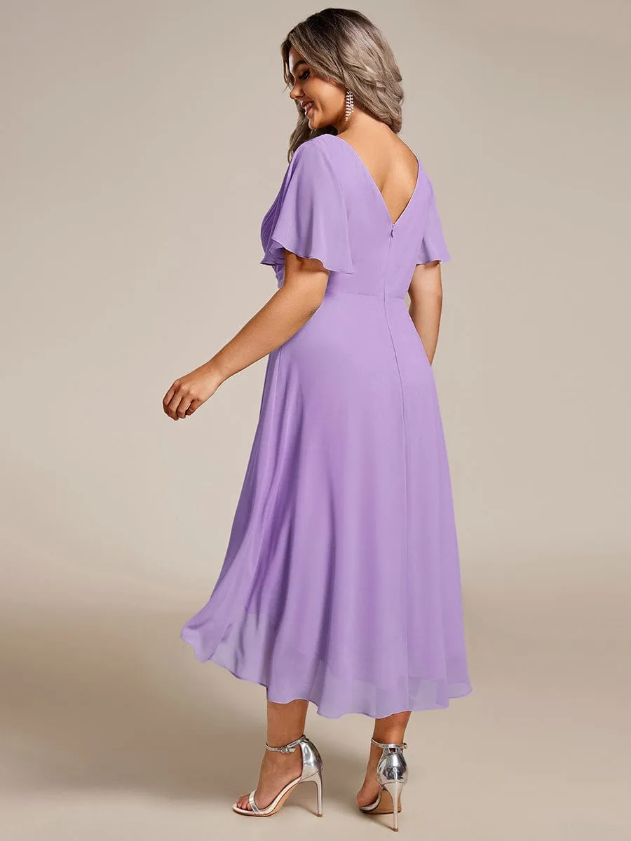 Chic V Neck Asymmetrical Hem Ruffles Sleeve Pleated Chiffon Wedding Guest Dress