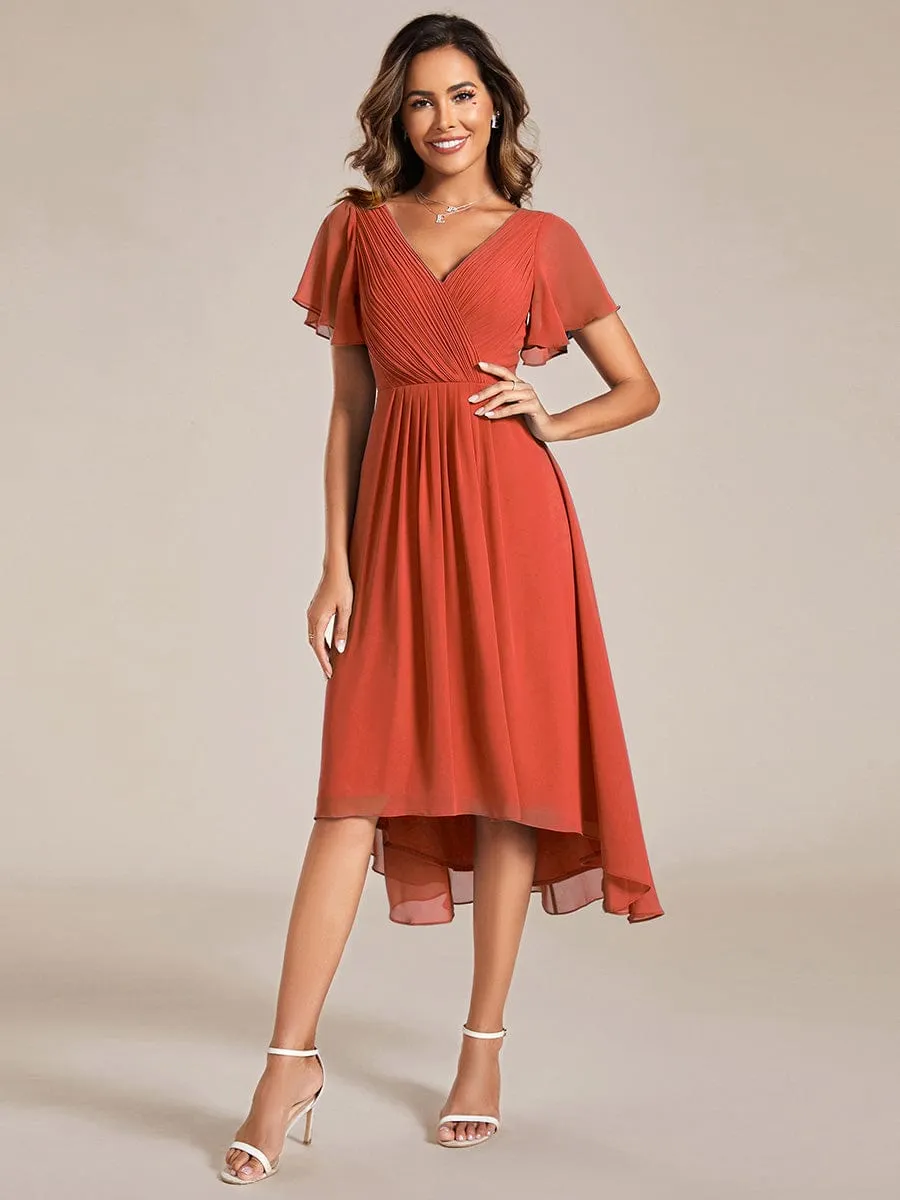 Chic V Neck Asymmetrical Hem Ruffles Sleeve Pleated Chiffon Wedding Guest Dress