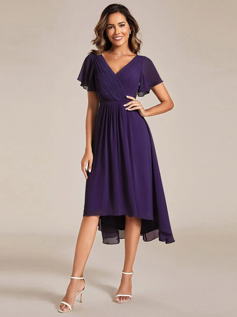 Chic V Neck Asymmetrical Hem Ruffles Sleeve Pleated Chiffon Wedding Guest Dress