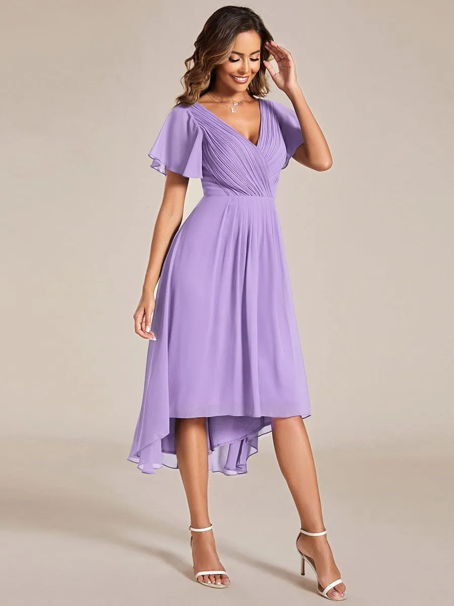 Chic V Neck Asymmetrical Hem Ruffles Sleeve Pleated Chiffon Wedding Guest Dress