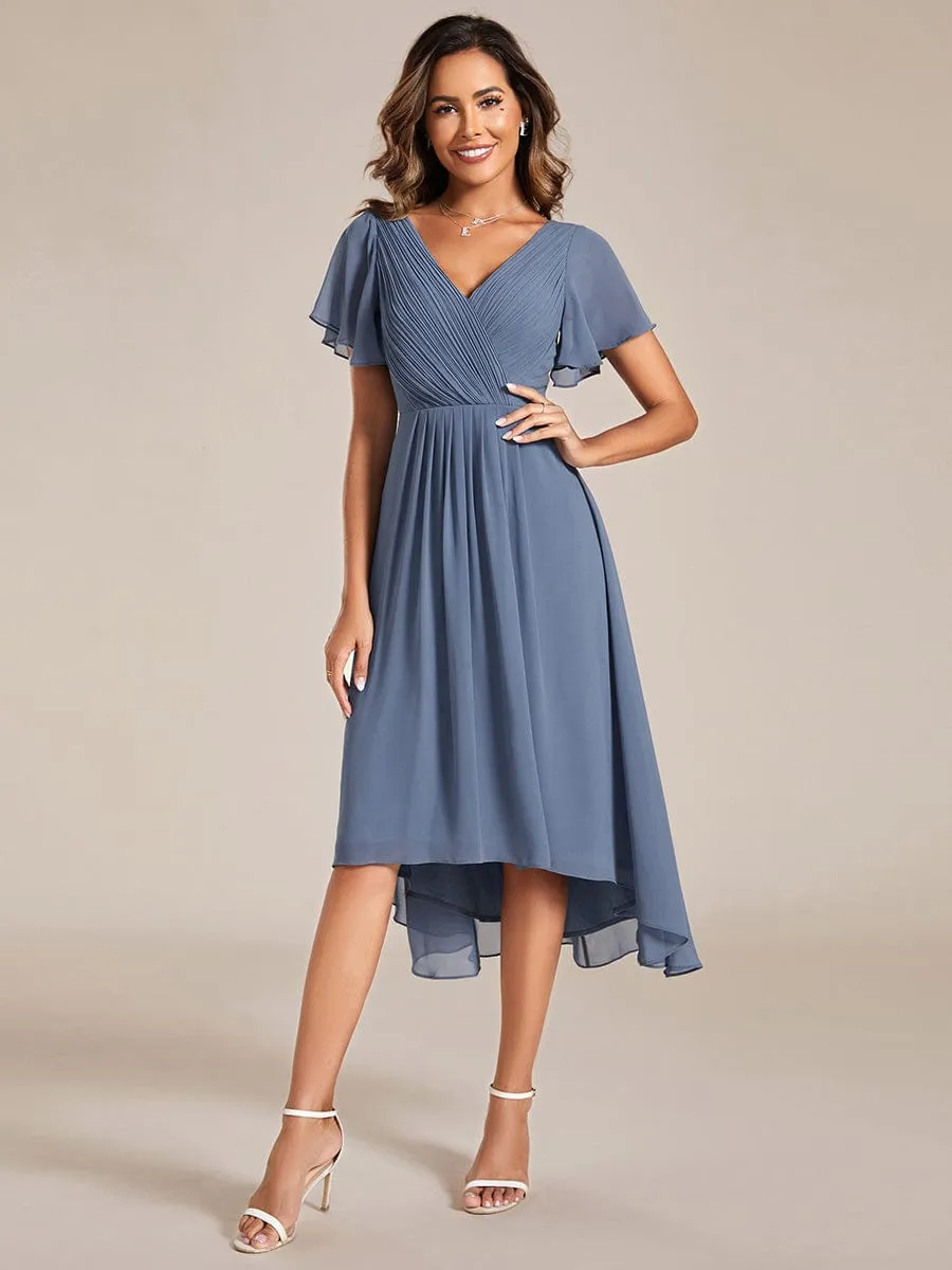 Chic V Neck Asymmetrical Hem Ruffles Sleeve Pleated Chiffon Wedding Guest Dress