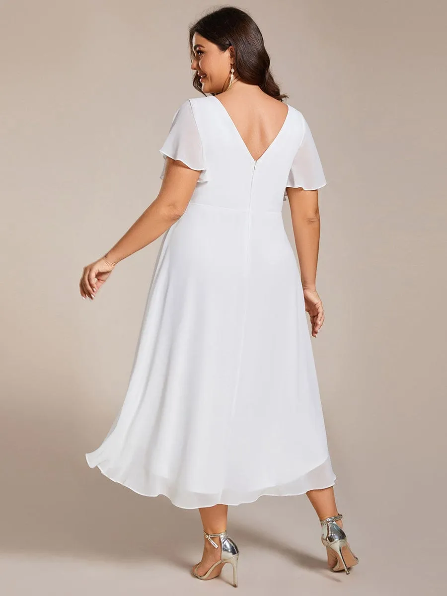 Chic V Neck Asymmetrical Hem Ruffles Sleeve Pleated Chiffon Wedding Guest Dress