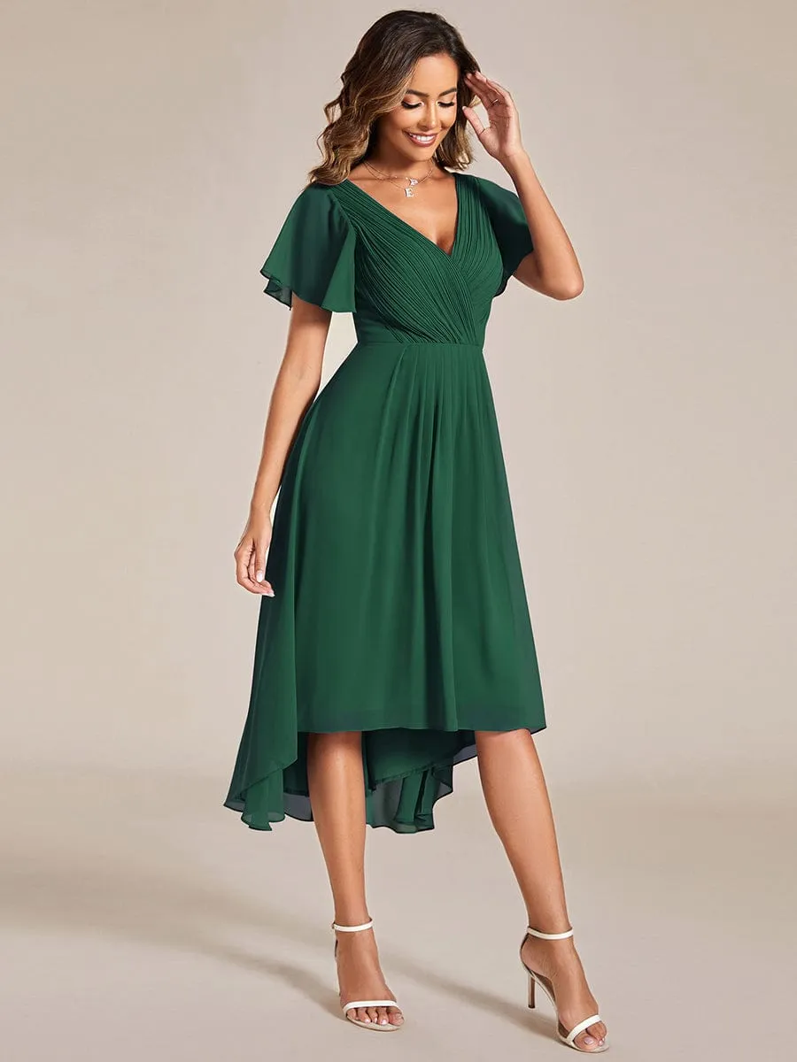 Chic V Neck Asymmetrical Hem Ruffles Sleeve Pleated Chiffon Wedding Guest Dress