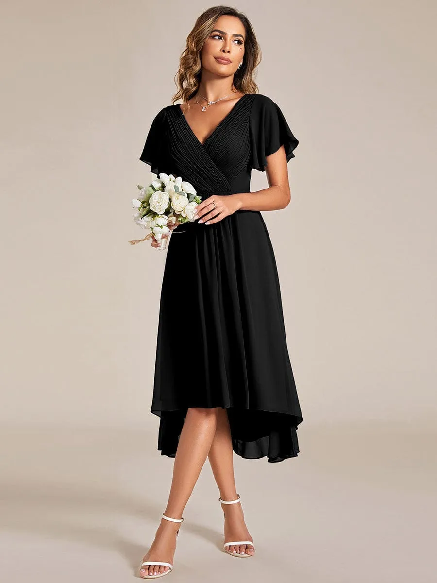 Chic V Neck Asymmetrical Hem Ruffles Sleeve Pleated Chiffon Wedding Guest Dress