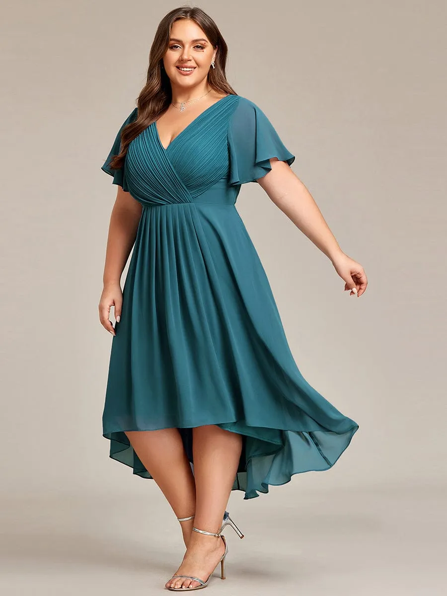 Chic V Neck Asymmetrical Hem Ruffles Sleeve Pleated Chiffon Wedding Guest Dress