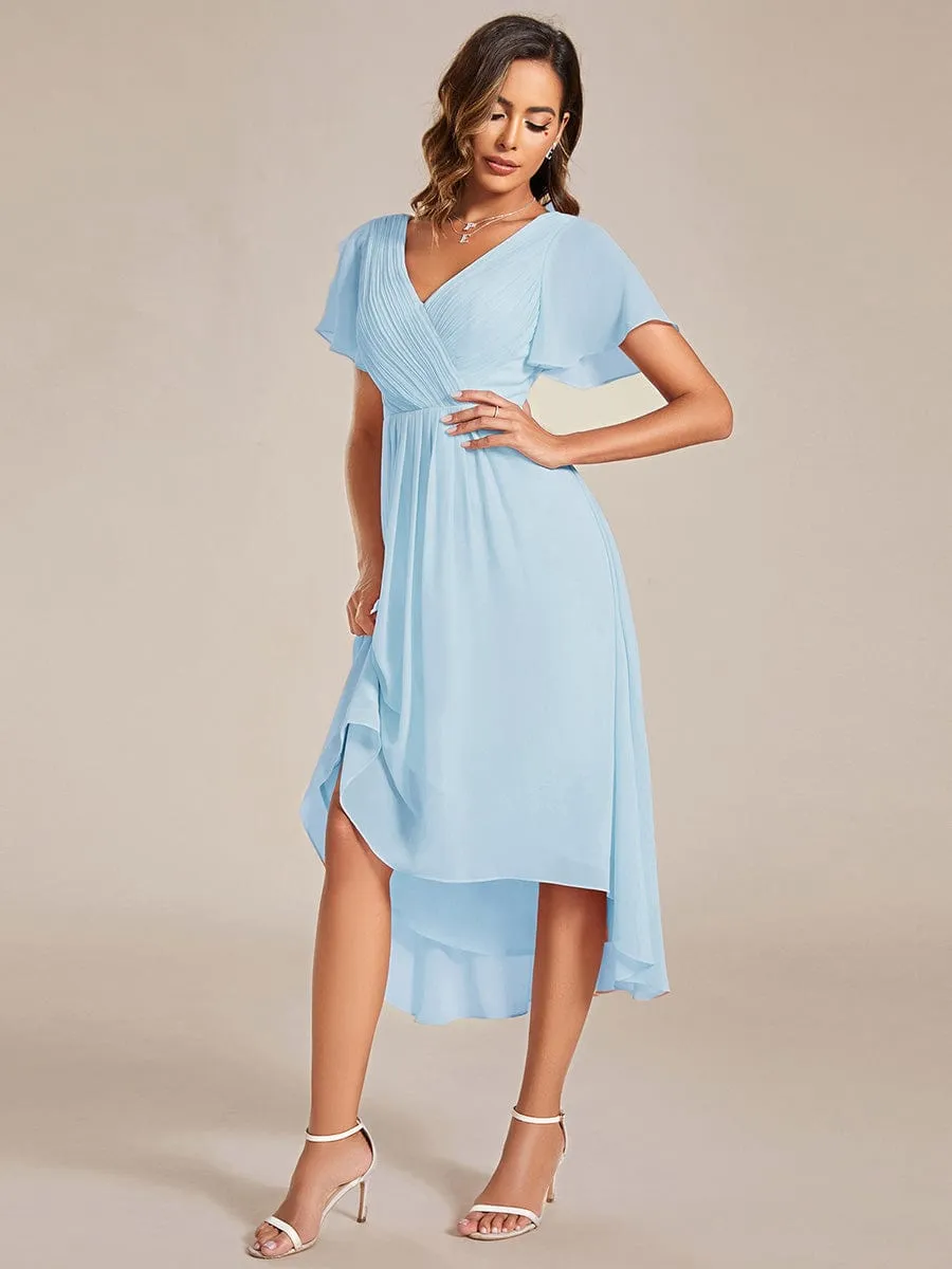 Chic V Neck Asymmetrical Hem Ruffles Sleeve Pleated Chiffon Wedding Guest Dress