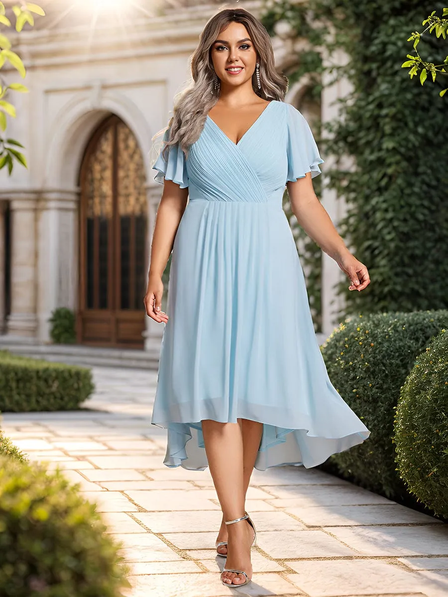 Chic V Neck Asymmetrical Hem Ruffles Sleeve Pleated Chiffon Wedding Guest Dress