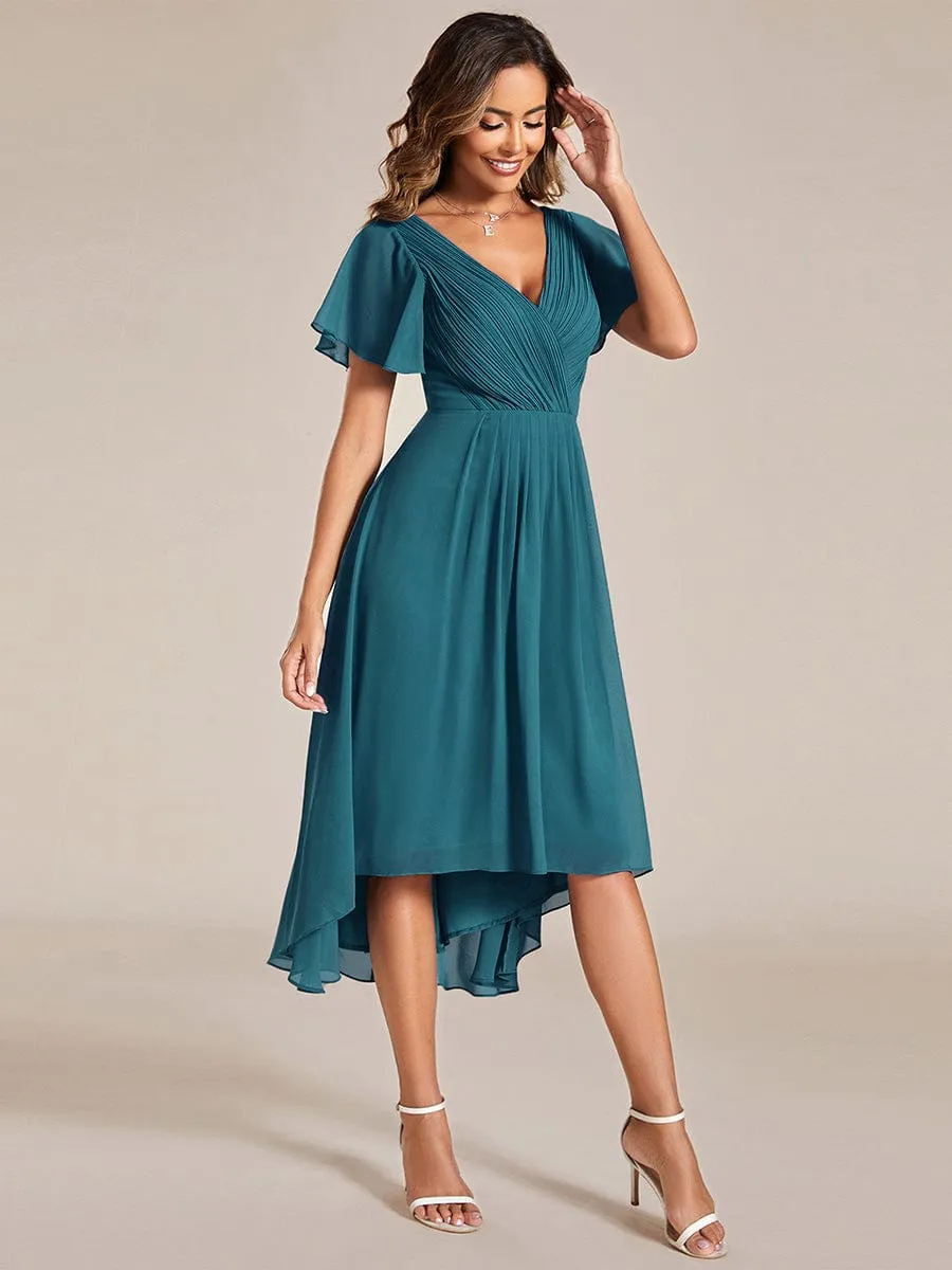 Chic V Neck Asymmetrical Hem Ruffles Sleeve Pleated Chiffon Wedding Guest Dress