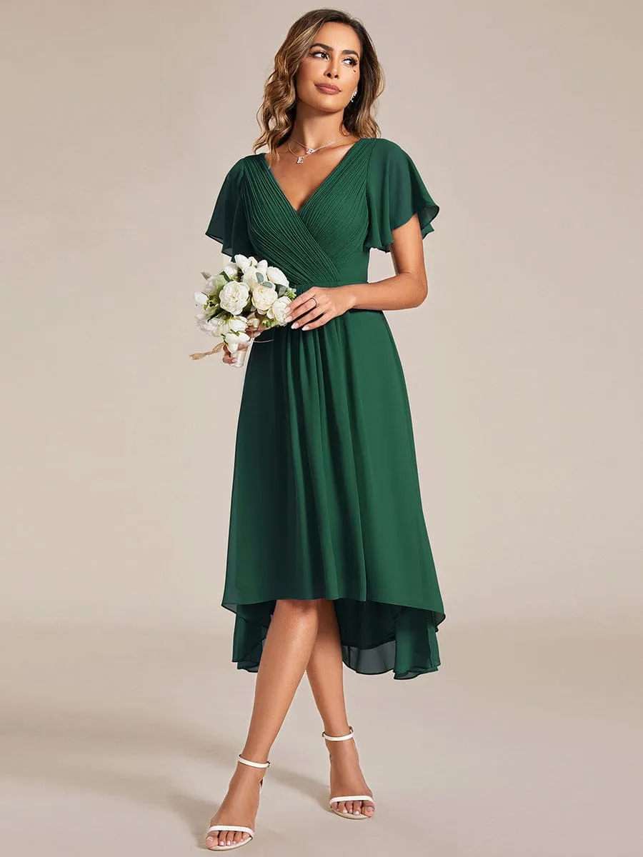 Chic V Neck Asymmetrical Hem Ruffles Sleeve Pleated Chiffon Wedding Guest Dress