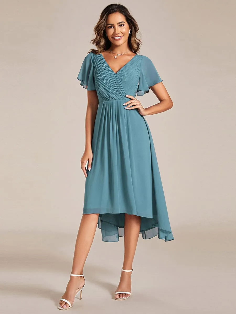 Chic V Neck Asymmetrical Hem Ruffles Sleeve Pleated Chiffon Wedding Guest Dress