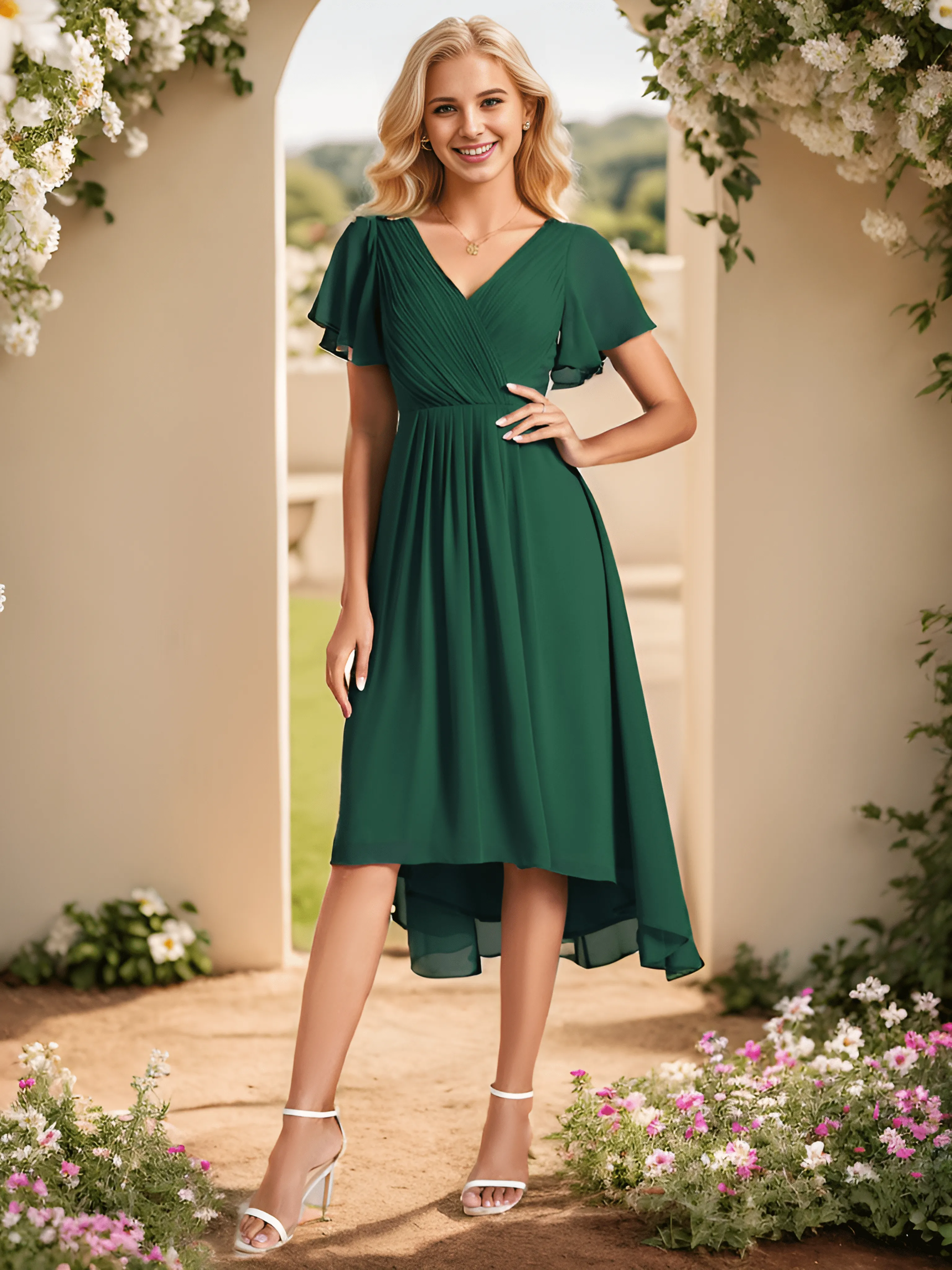 Chic V Neck Asymmetrical Hem Ruffles Sleeve Pleated Chiffon Wedding Guest Dress