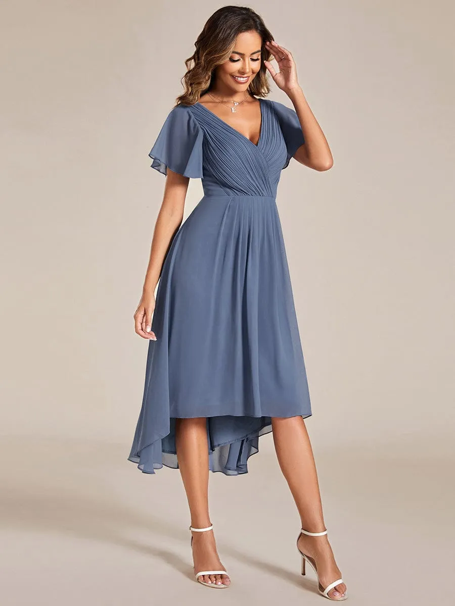 Chic V Neck Asymmetrical Hem Ruffles Sleeve Pleated Chiffon Wedding Guest Dress