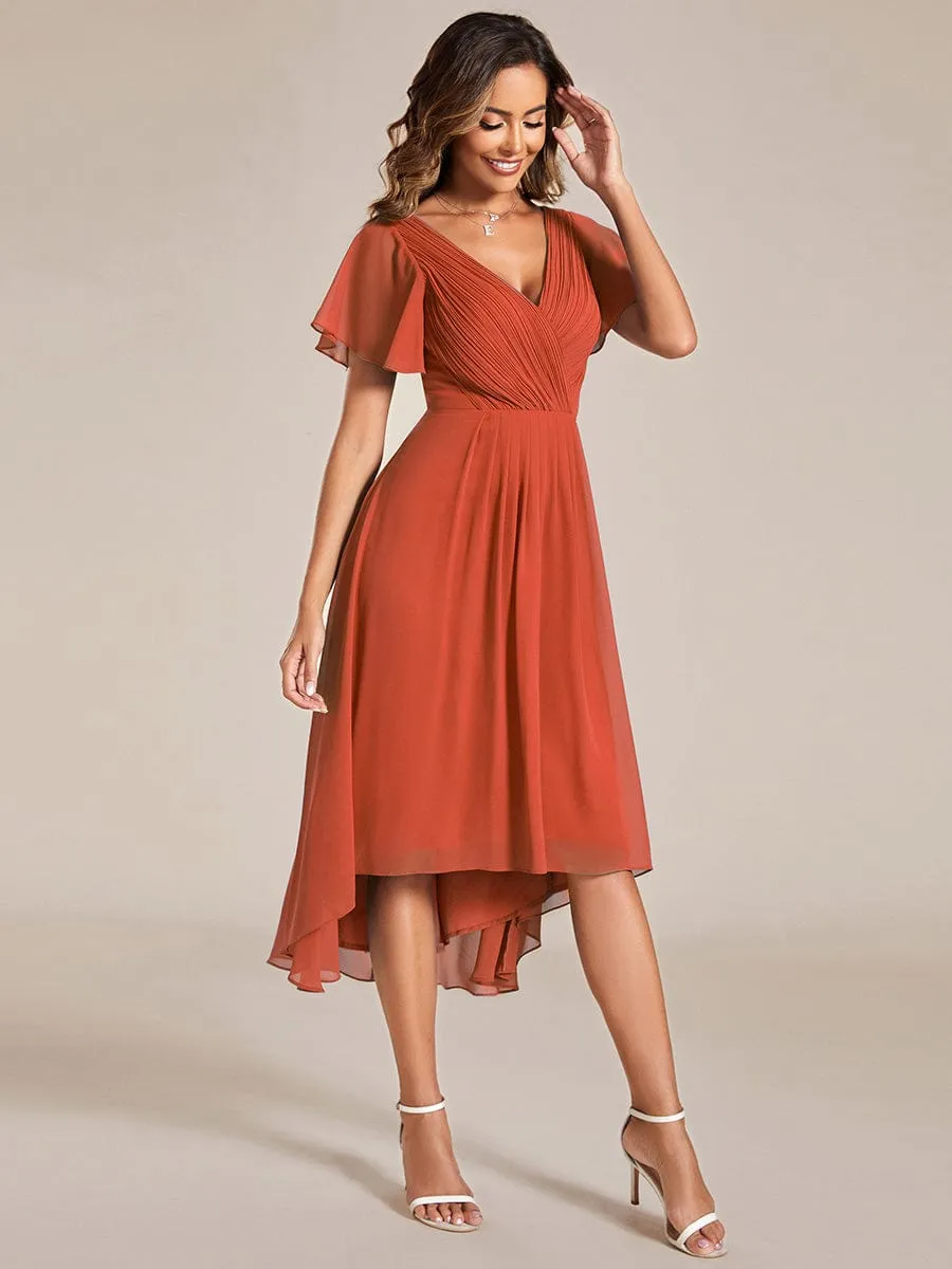 Chic V Neck Asymmetrical Hem Ruffles Sleeve Pleated Chiffon Wedding Guest Dress