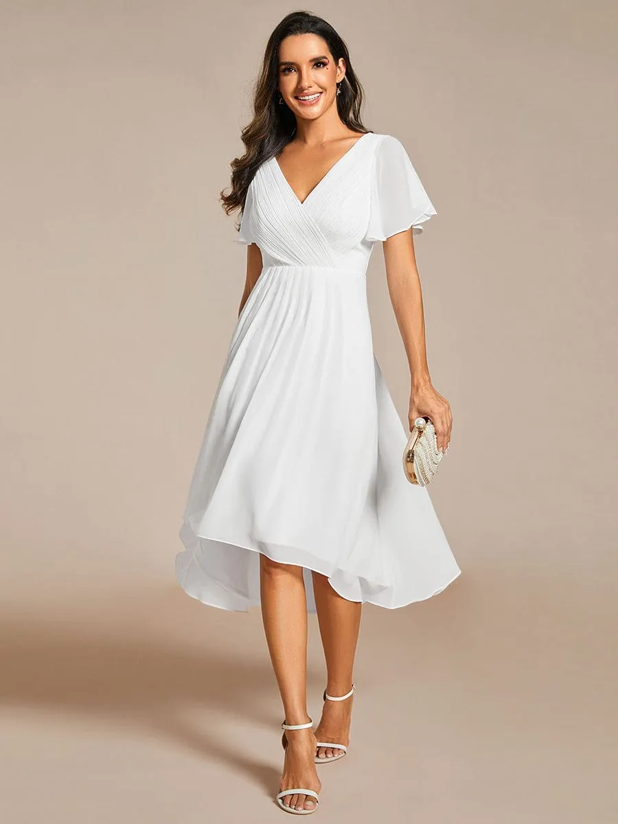 Chic V Neck Asymmetrical Hem Ruffles Sleeve Pleated Chiffon Wedding Guest Dress