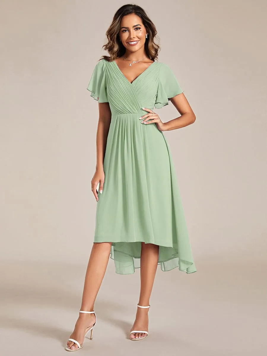 Chic V Neck Asymmetrical Hem Ruffles Sleeve Pleated Chiffon Wedding Guest Dress