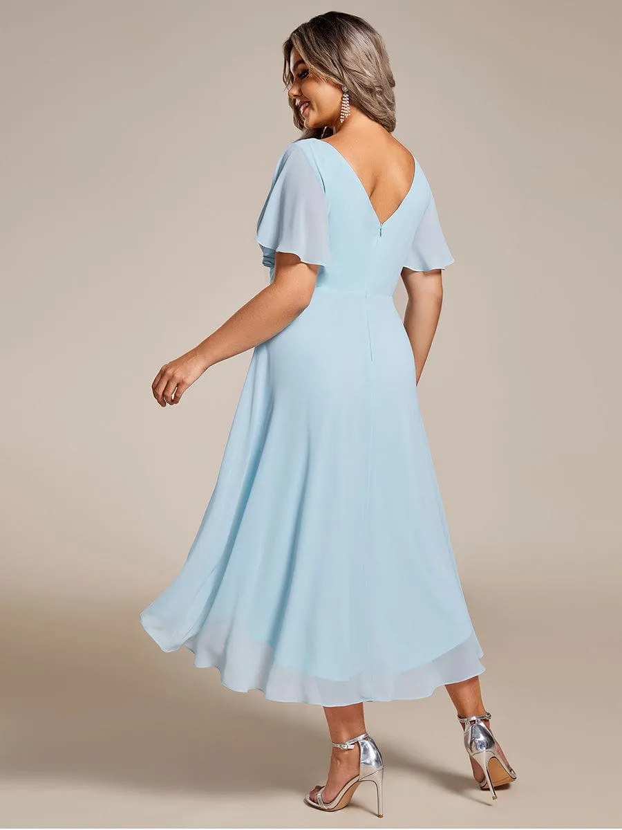 Chic V Neck Asymmetrical Hem Ruffles Sleeve Pleated Chiffon Wedding Guest Dress