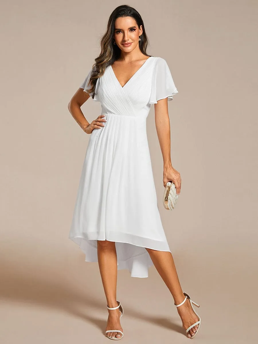 Chic V Neck Asymmetrical Hem Ruffles Sleeve Pleated Chiffon Wedding Guest Dress