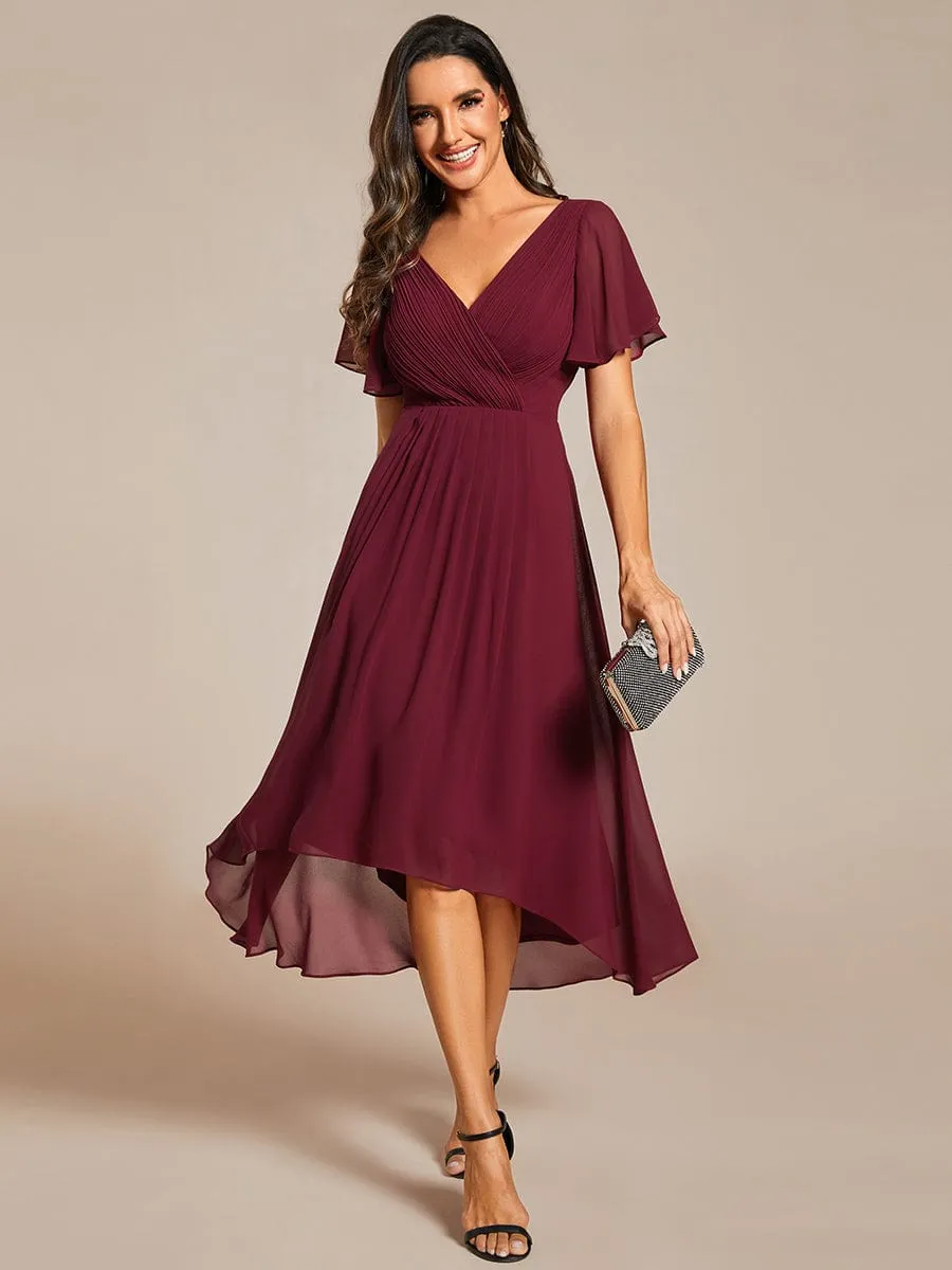 Chic V Neck Asymmetrical Hem Ruffles Sleeve Pleated Chiffon Wedding Guest Dress