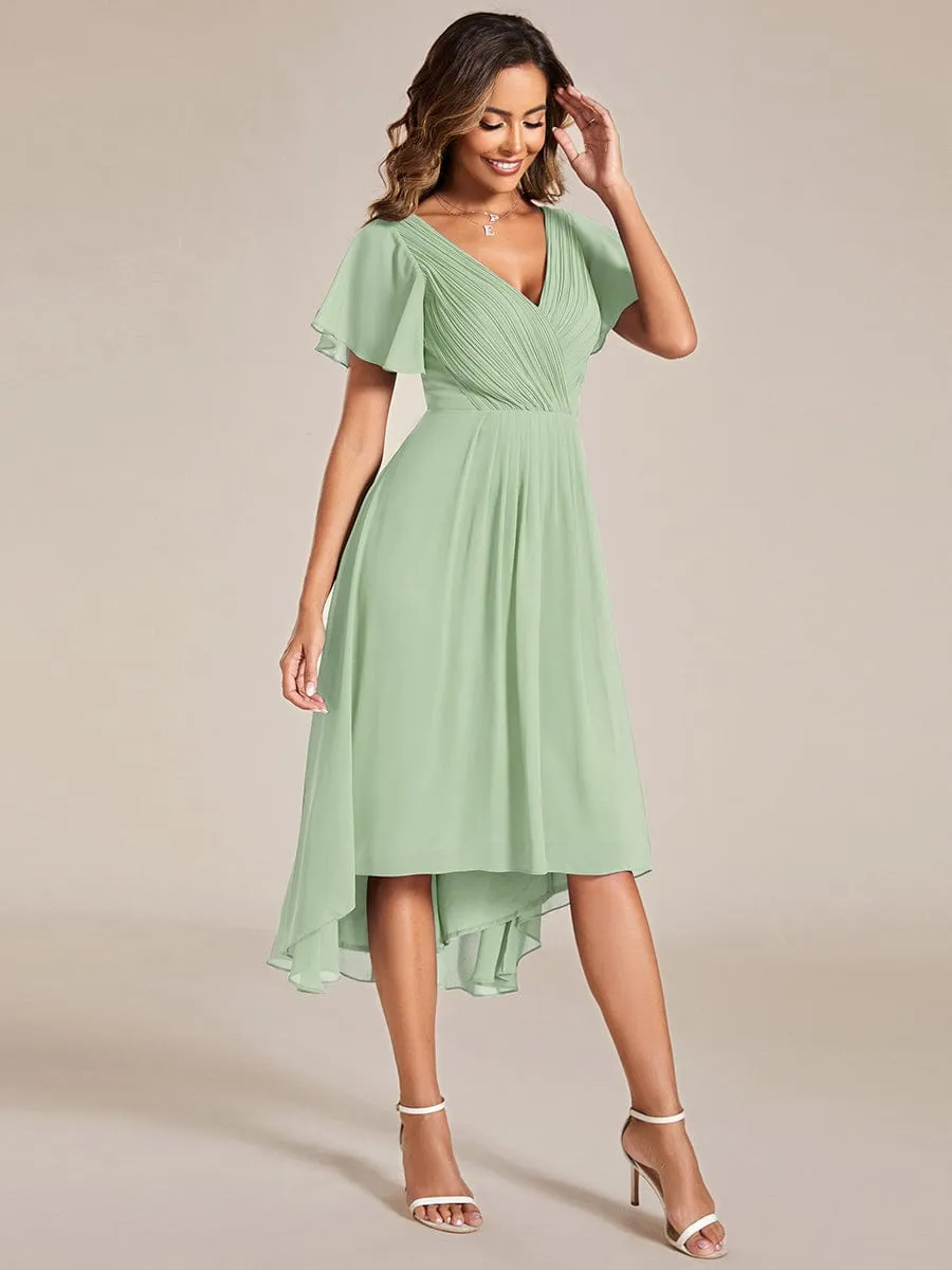 Chic V Neck Asymmetrical Hem Ruffles Sleeve Pleated Chiffon Wedding Guest Dress