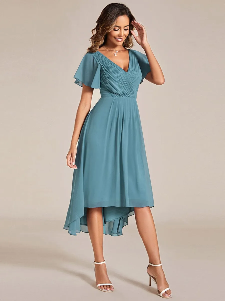 Chic V Neck Asymmetrical Hem Ruffles Sleeve Pleated Chiffon Wedding Guest Dress