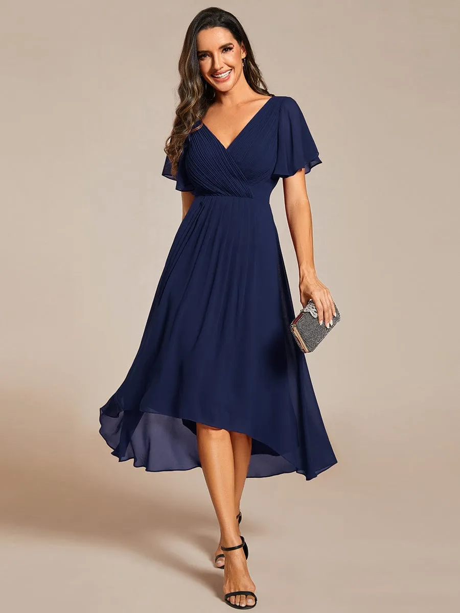 Chic V Neck Asymmetrical Hem Ruffles Sleeve Pleated Chiffon Wedding Guest Dress