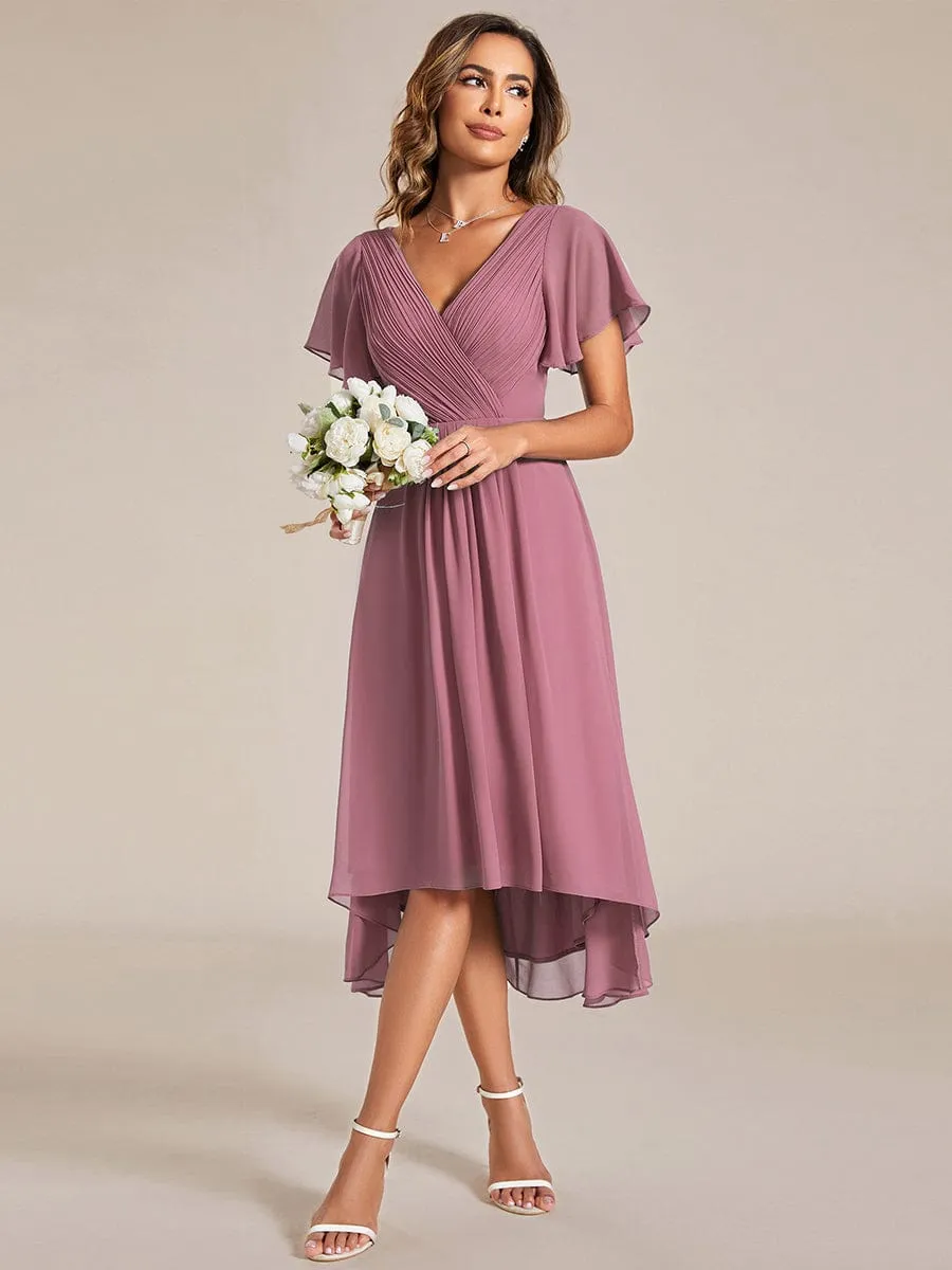 Chic V Neck Asymmetrical Hem Ruffles Sleeve Pleated Chiffon Wedding Guest Dress