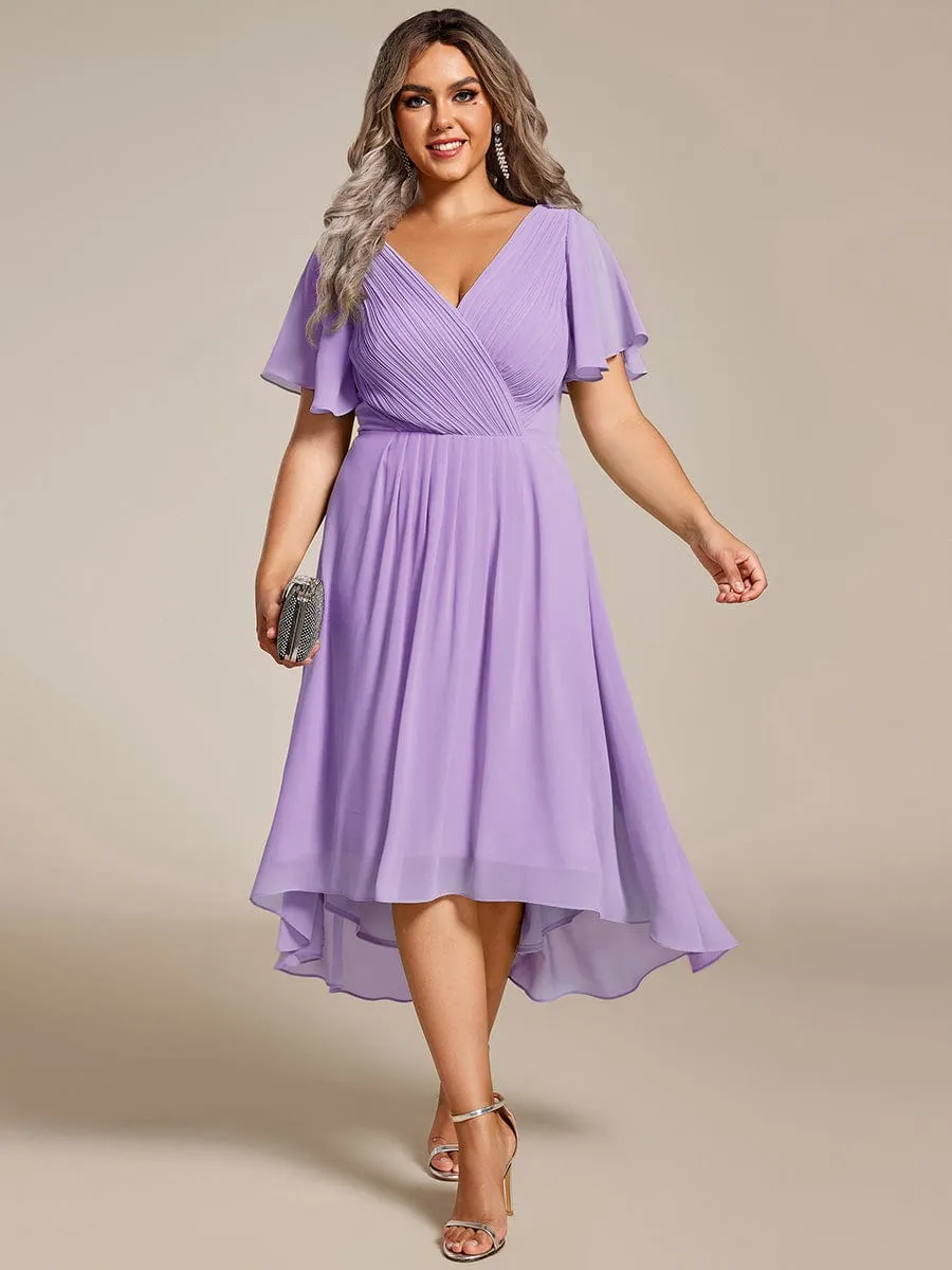 Chic V Neck Asymmetrical Hem Ruffles Sleeve Pleated Chiffon Wedding Guest Dress