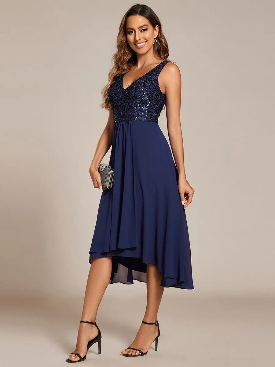 Chic V-Neck Sleeveless Chiffon Wedding Guest Dress with Sequin Bodice