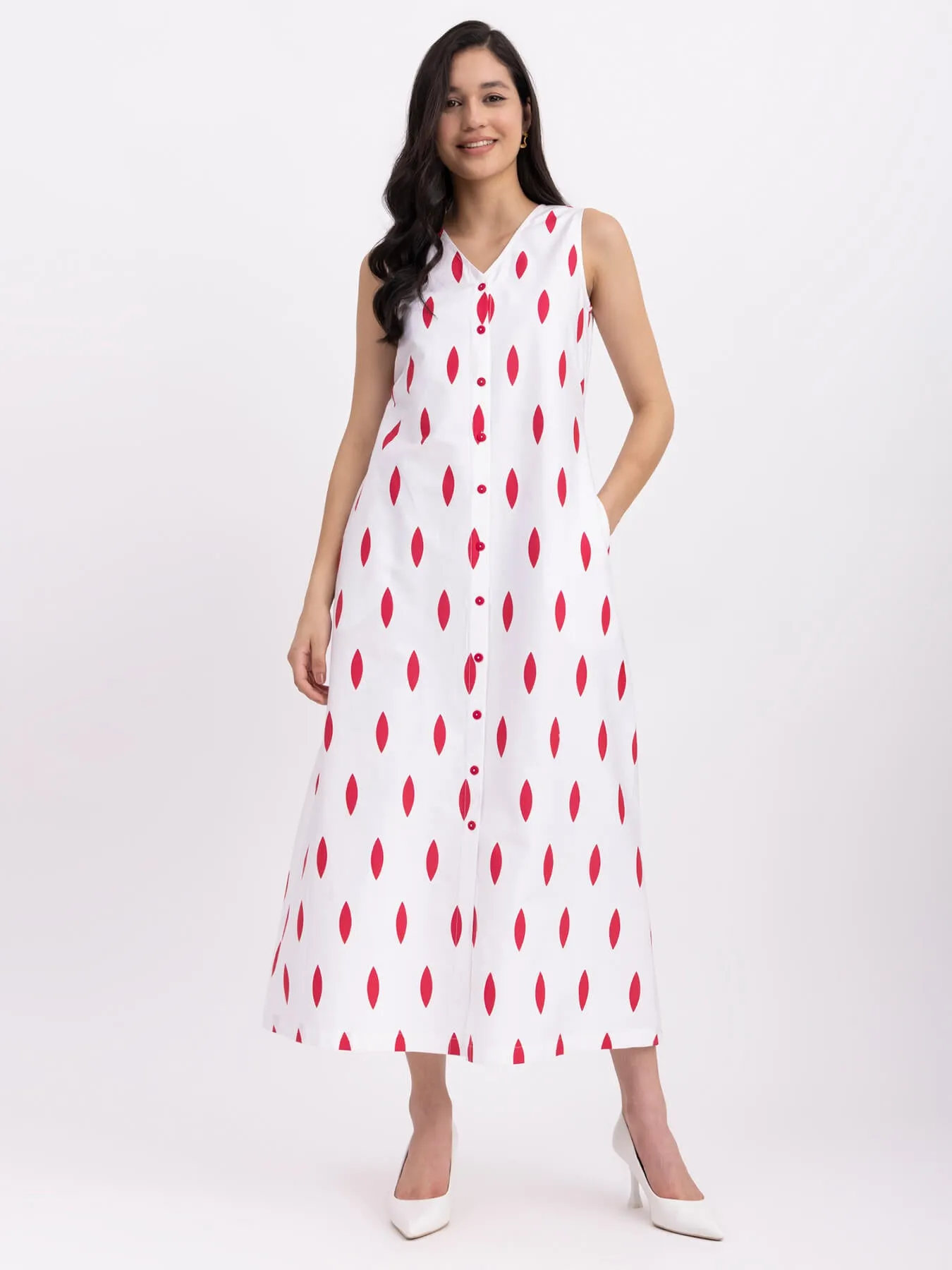 Cotton Geometric Print Dress - White And Red