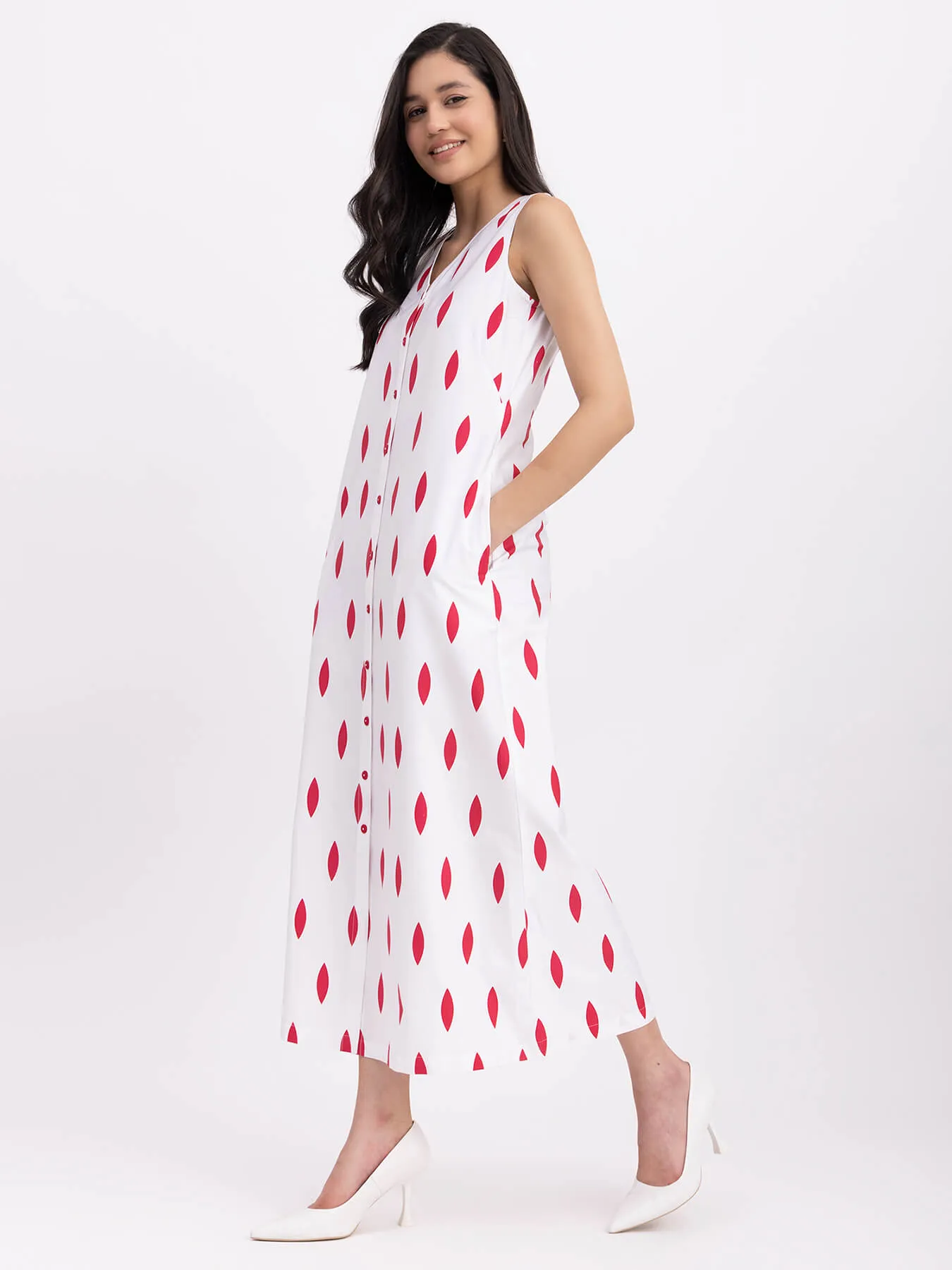 Cotton Geometric Print Dress - White And Red