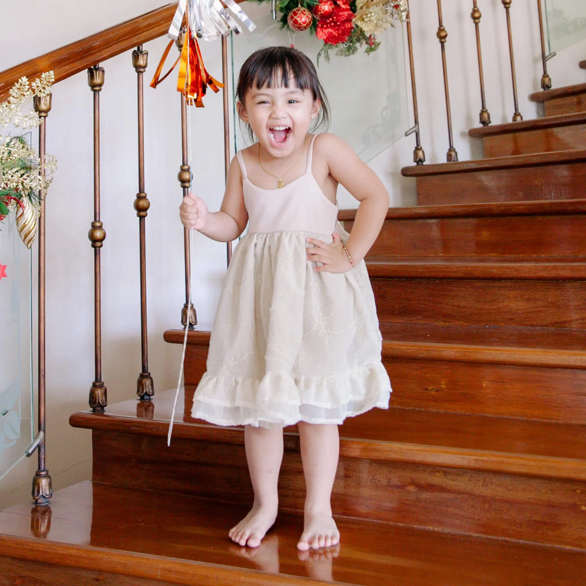 Dahlia Dress in White Eyelet and Pink Polka