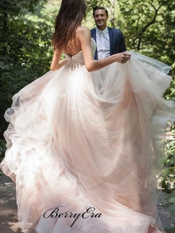 Deep V-neck Popular Wedding Dresses, A-line Tulle Wedding Dresses