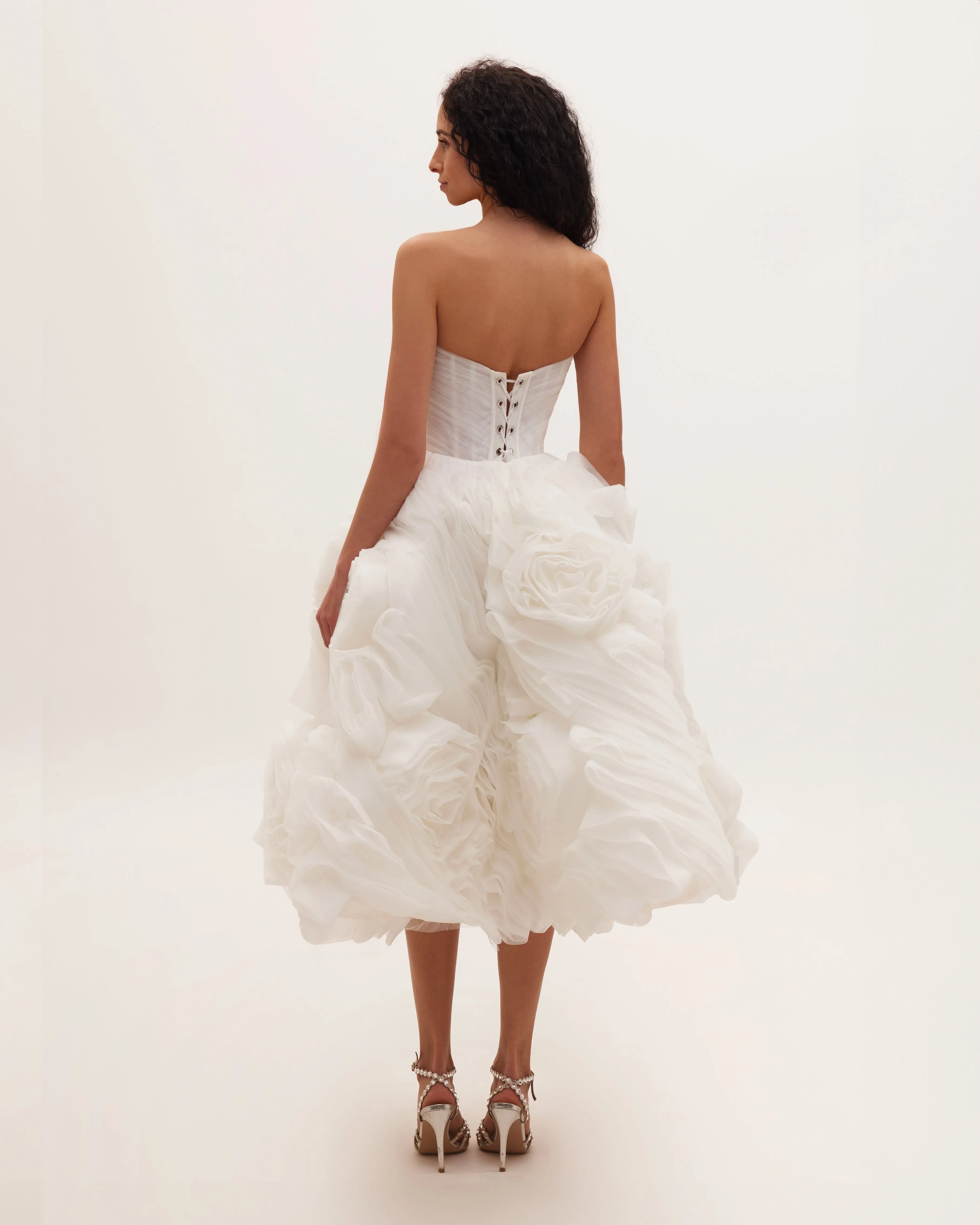 Dramatically flowered tulle dress in white