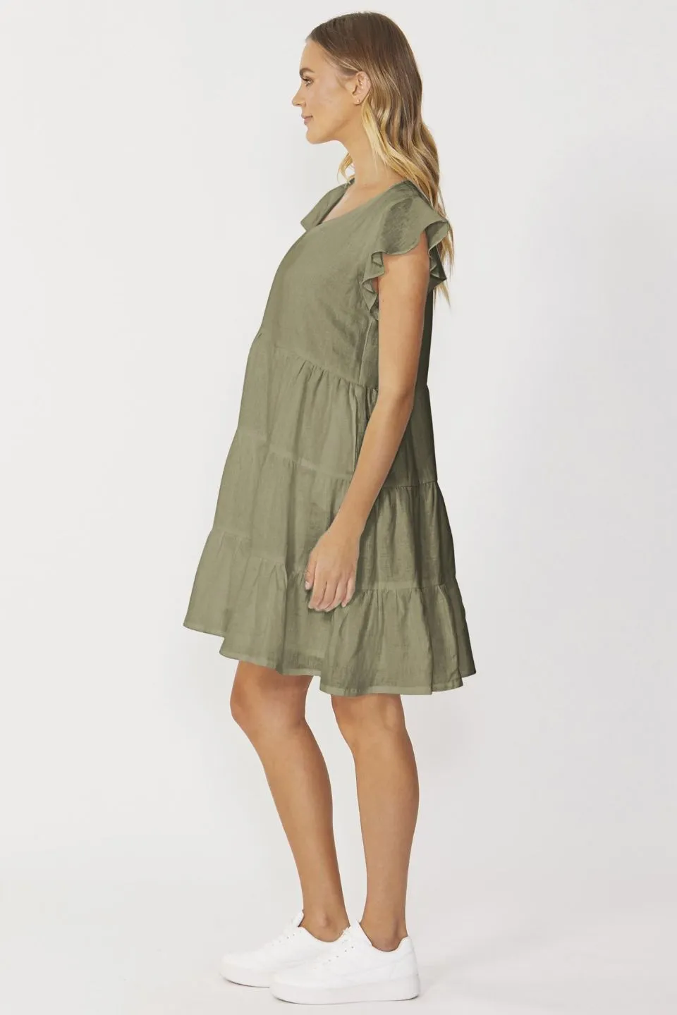 Eadie Khaki Linen Flutter Sleeve Tiered Mini Smock Dress