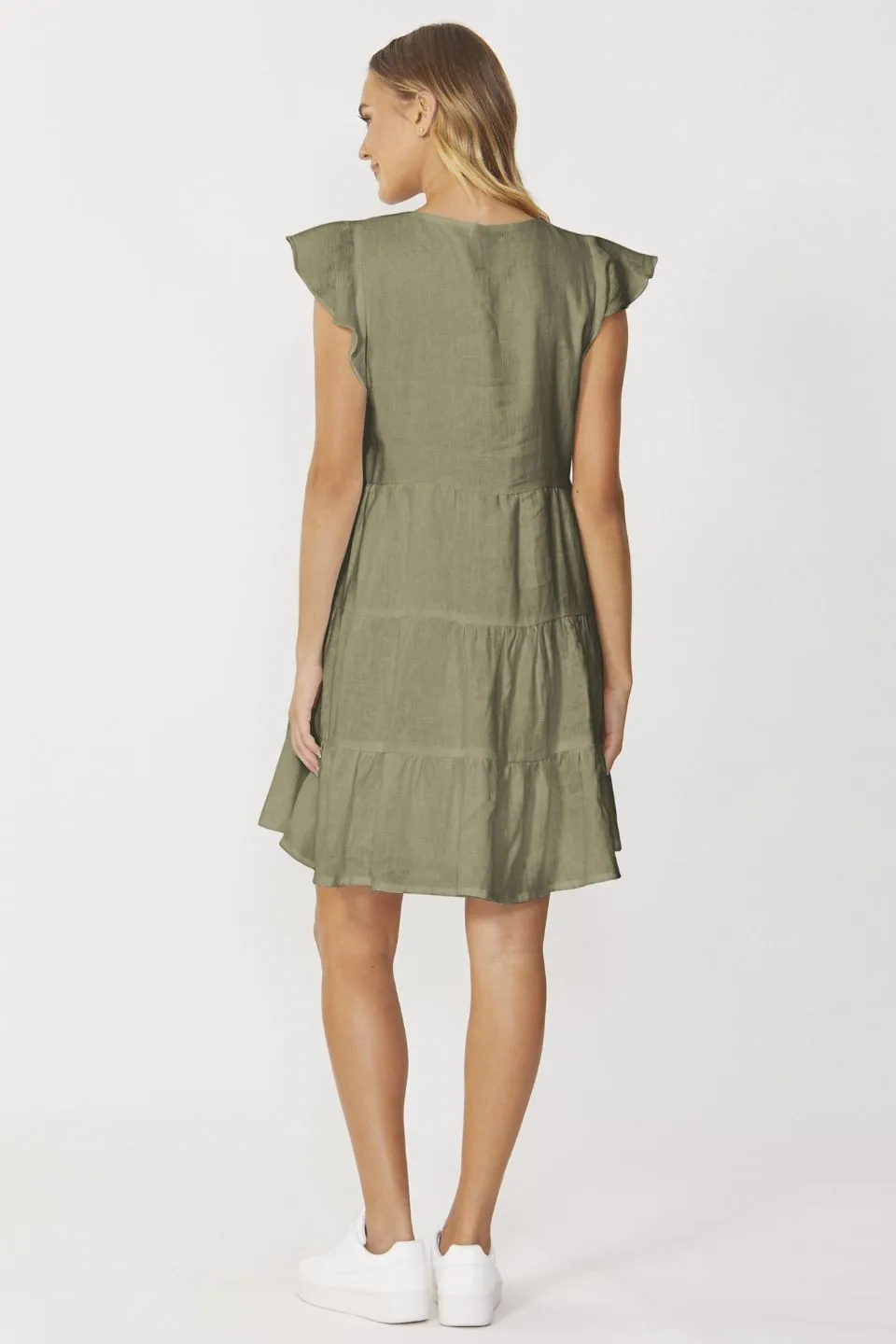 Eadie Khaki Linen Flutter Sleeve Tiered Mini Smock Dress