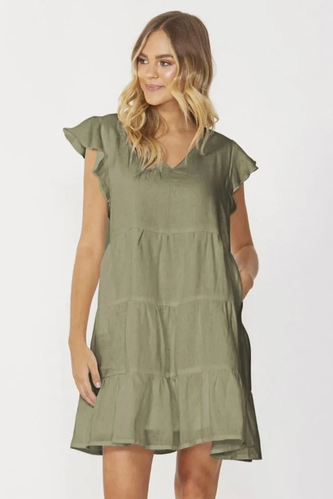 Eadie Khaki Linen Flutter Sleeve Tiered Mini Smock Dress