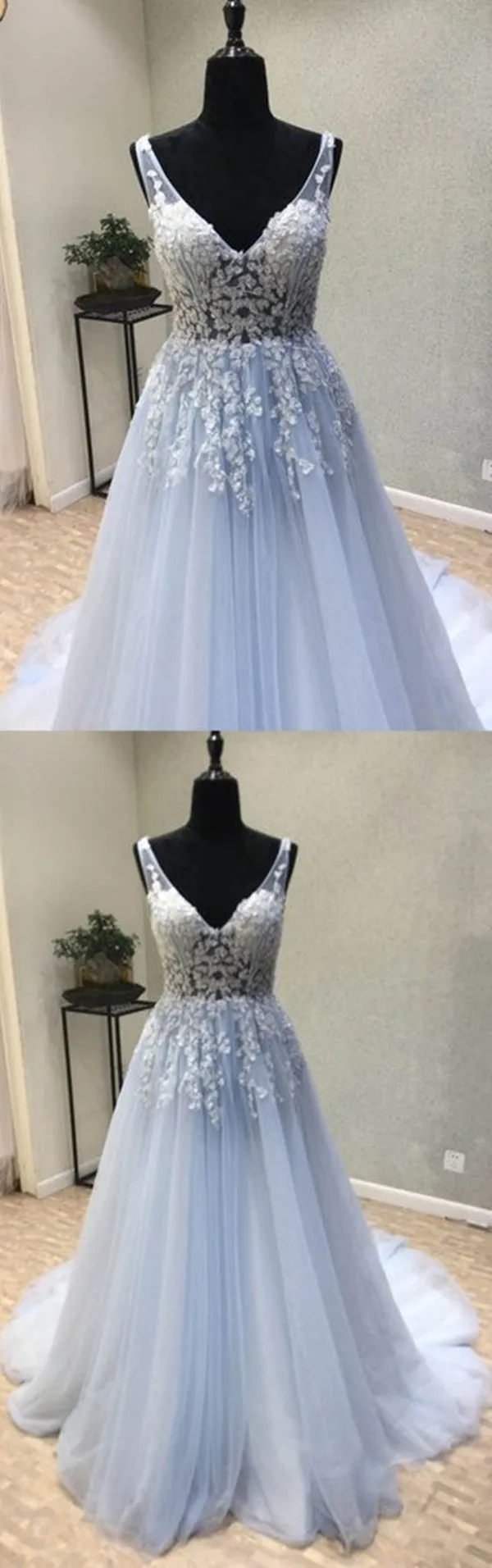 Elegant Light Blue Tulle Prom Dresses, Applique A Line Prom Dresses Long