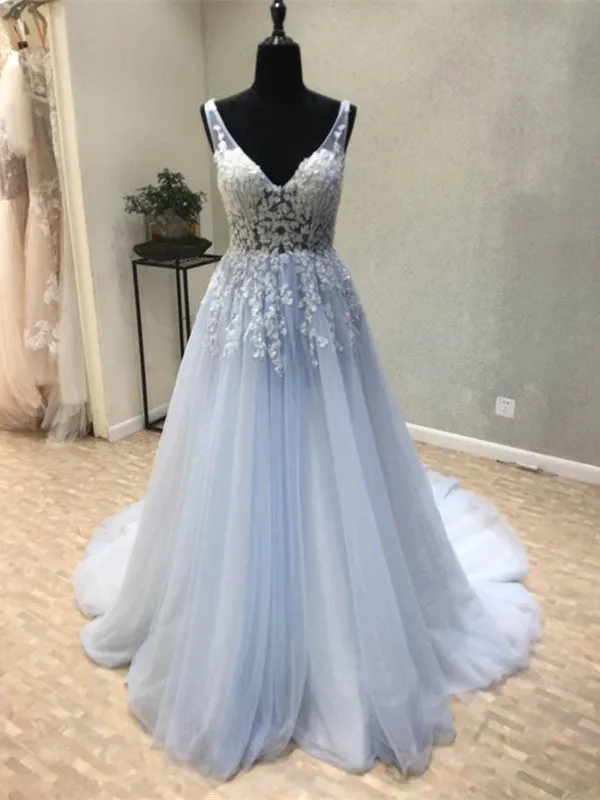 Elegant Light Blue Tulle Prom Dresses, Applique A Line Prom Dresses Long