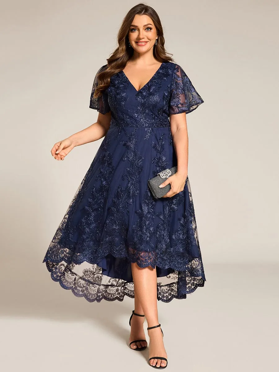 Embroidered Mesh Double V-Neck Short Sleeves Midi Wedding Guest Dress