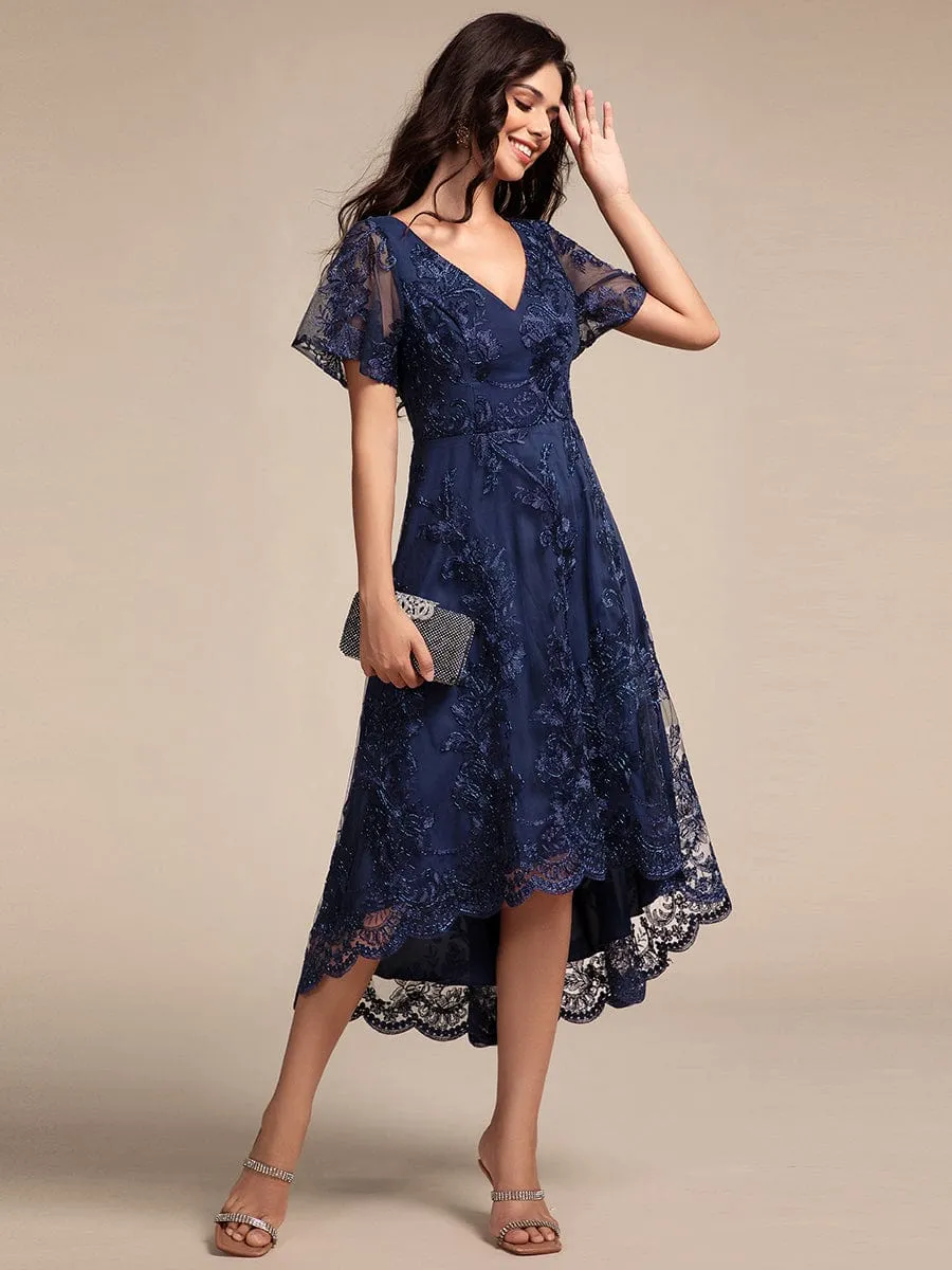 Embroidered Mesh Double V-Neck Short Sleeves Midi Wedding Guest Dress