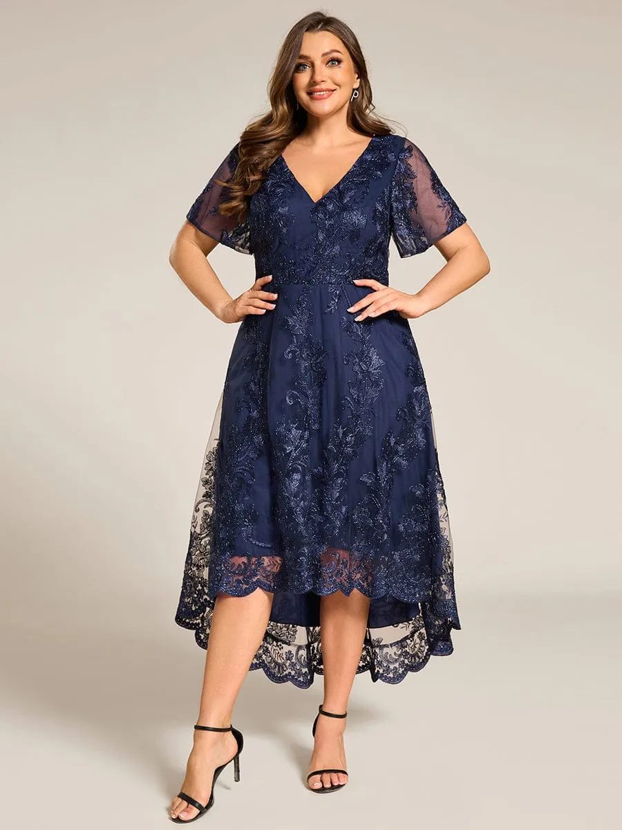 Embroidered Mesh Double V-Neck Short Sleeves Midi Wedding Guest Dress