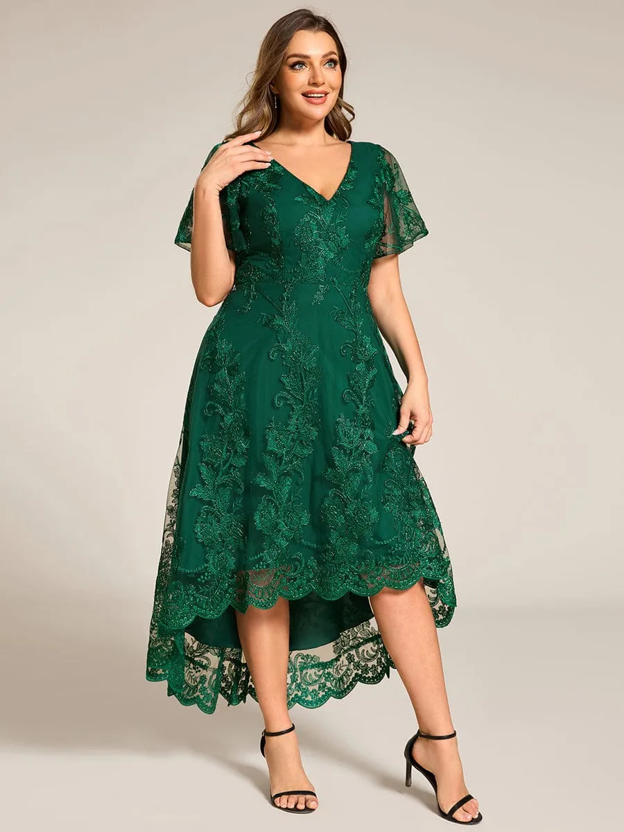 Embroidered Mesh Double V-Neck Short Sleeves Midi Wedding Guest Dress