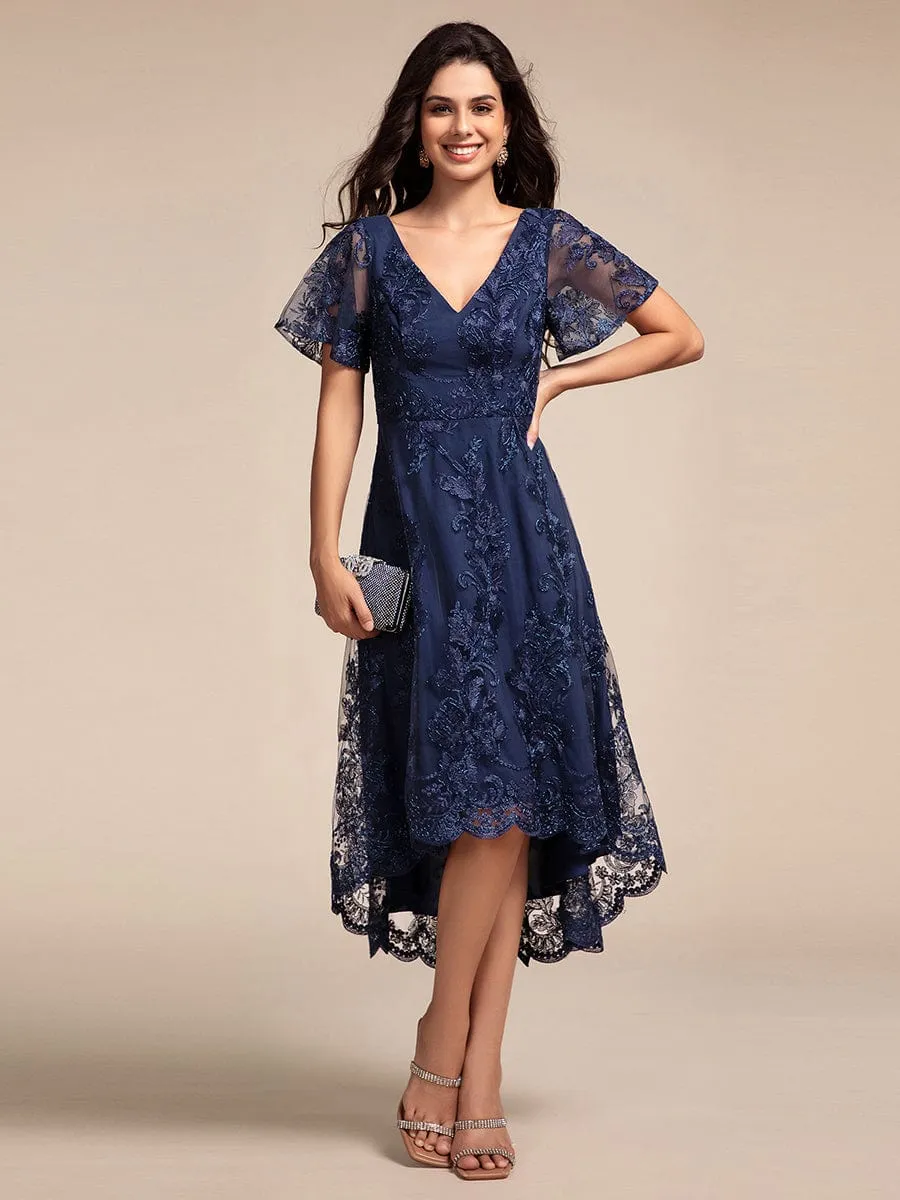 Embroidered Mesh Double V-Neck Short Sleeves Midi Wedding Guest Dress