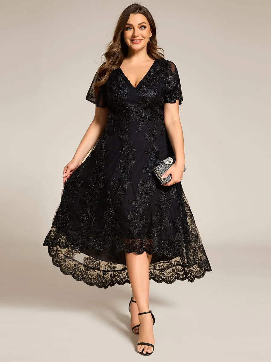 Embroidered Mesh Double V-Neck Short Sleeves Midi Wedding Guest Dress