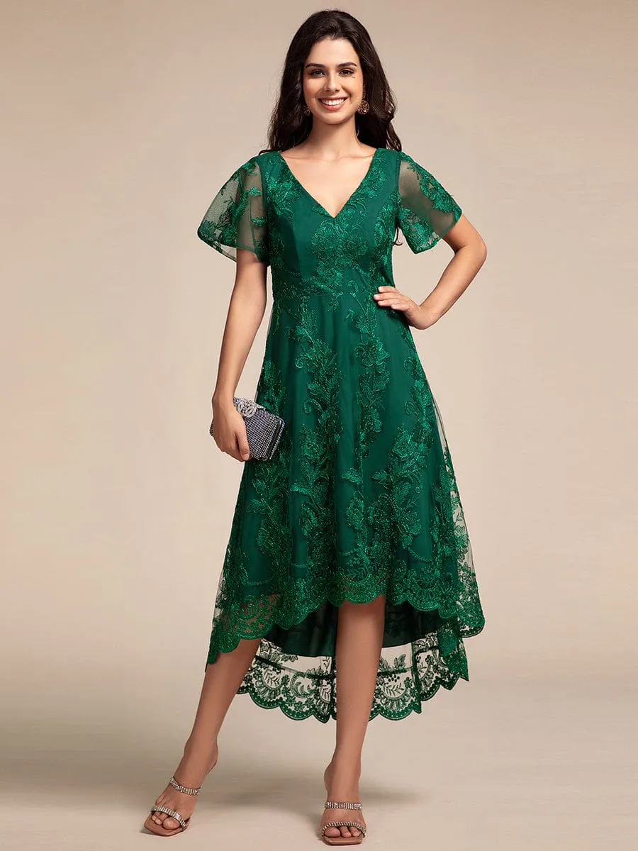 Embroidered Mesh Double V-Neck Short Sleeves Midi Wedding Guest Dress