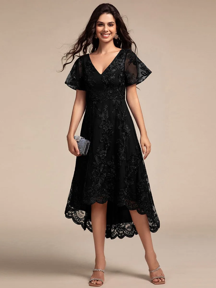 Embroidered Mesh Double V-Neck Short Sleeves Midi Wedding Guest Dress