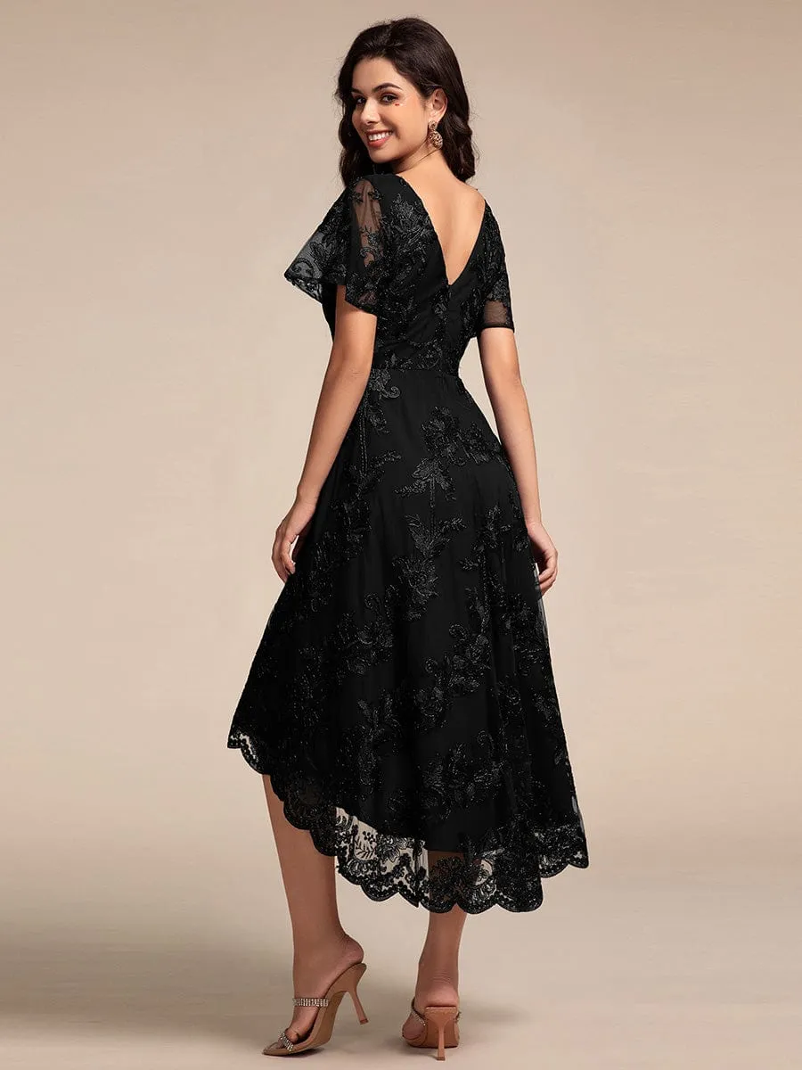 Embroidered Mesh Double V-Neck Short Sleeves Midi Wedding Guest Dress