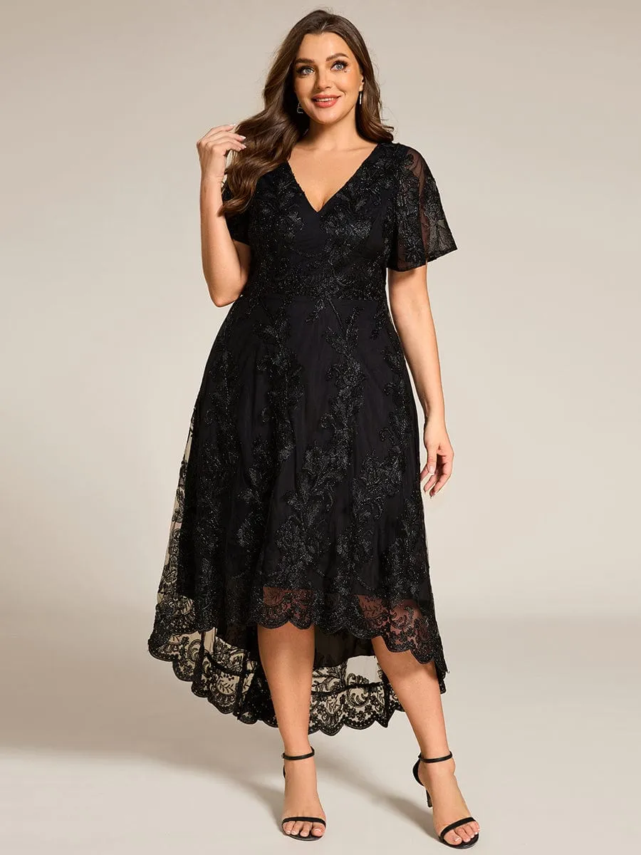 Embroidered Mesh Double V-Neck Short Sleeves Midi Wedding Guest Dress